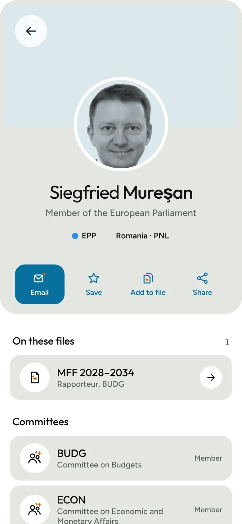 Siegfried Mureşan as a contact card in nodo: portrait, EPP, Romania, with Email, Save, Add to file and Share, and the MFF file he is rapporteur on.